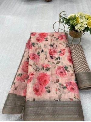 Saaransh Floral Print Kanjivaram Linen, Cotton Silk Saree(Pink)