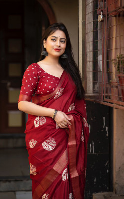 balaji world Printed Banarasi Cotton Silk Saree(Red)