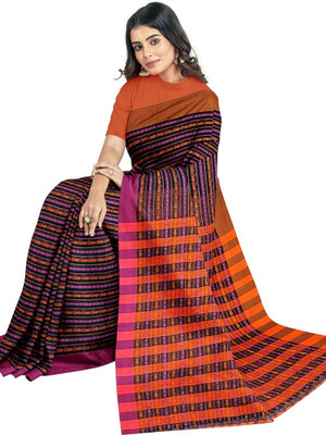 eC ESHA'S COLLECTION Striped Handloom Cotton Blend Saree(Multicolor)