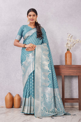 PRAUDO Woven Banarasi Pure Silk Saree(Light Blue)