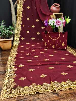 KHRITI FAB Embroidered Bollywood Georgette Saree(Maroon)