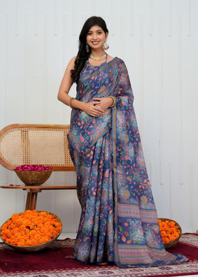 SHRIVAN FASHION Printed Bollywood Cotton Blend Saree(Blue, Grey)