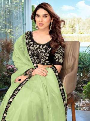 Ashiya Fab Temple Border Kantha Net Saree(Green)