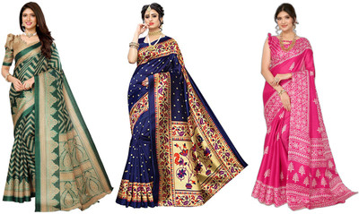 YASHIKA Printed, Woven Kasavu Art Silk Saree(Pack of 3, Dark Green, Dark Blue, Pink)