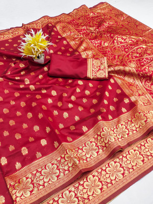 GajGajra Woven Kanjivaram Silk Blend Saree(Red)
