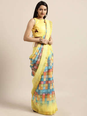 Saanjh Checkered Saree with Attached Blouse Silk Blend Saree(Yellow)