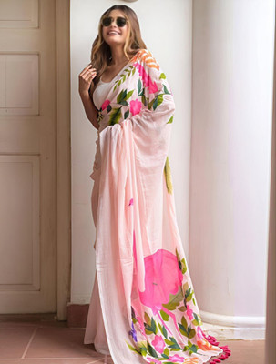 VEERA FASHION Floral Print Daily Wear Cotton Linen Saree(Pink)