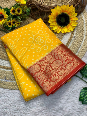 Classy Foriever Printed Bandhani Silk Blend Saree(Yellow)