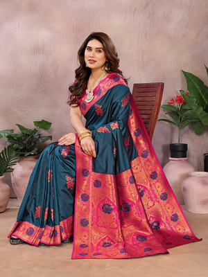 valida Woven Banarasi Cotton Silk, Silk Blend Saree(Dark Blue)