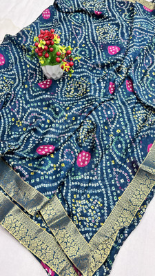 HouseOfCommon Printed, Self Design Bandhani Chiffon, Crepe Saree(Dark Blue)
