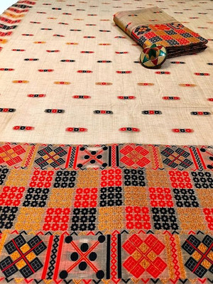 OkBuy Woven, Geometric Print Mekhela Chador Pure Cotton Saree(Gold, Multicolor)