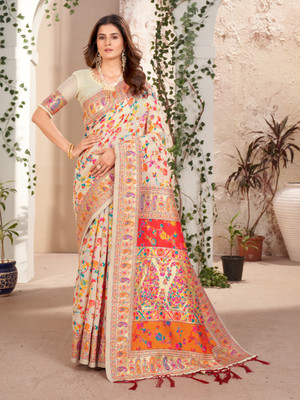 FluteFashion Self Design Kanjivaram Silk Blend Saree(Cream)
