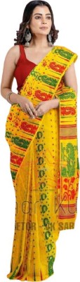 Maa GT Self Design Jamdani Cotton Blend Saree(Yellow)