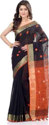 Desh Bidesh Self Design, Solid/Plain, Striped, Woven Handloom Handloom Cotton Blend, Pure Cotton Saree(Black)