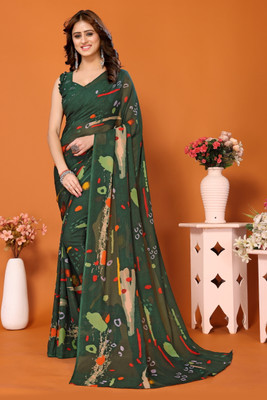 YASHIKA Geometric Print Daily Wear Georgette Saree(Green)