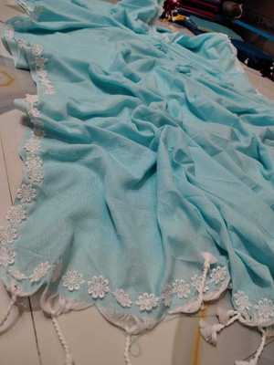 TWRIL Solid/Plain, Embroidered Handloom Cotton Blend Saree(White, Blue)