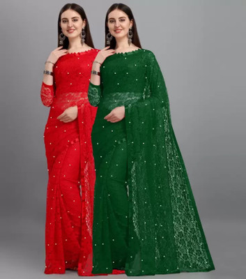 Amavii Self Design Bollywood Net Saree(Red, Green)