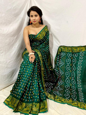 shreeji creation Blocked Printed Bandhani Art Silk Saree(Grey)