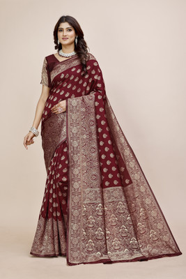 RJTAJ FAB Floral Print Banarasi Art Silk Saree(Maroon)