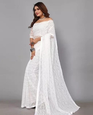 NORAFLEX Embroidered Bollywood Net Saree(White)