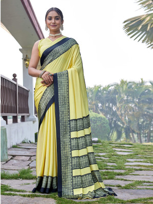 SIRIL Printed Daily Wear Silk Blend Saree(Yellow, Black)