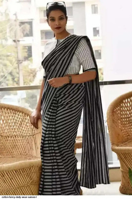 HouseOfCommon Striped Bollywood Chanderi Saree(Black)