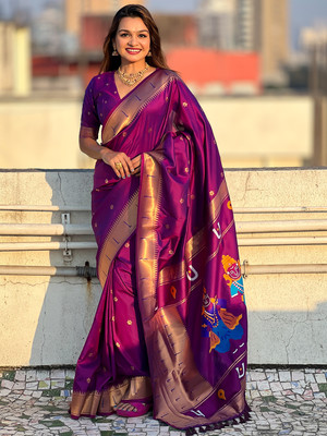 Tasrika Woven Paithani Cotton Silk Saree(Purple)