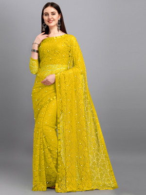 Croza Self Design Bollywood Net Saree(Yellow)