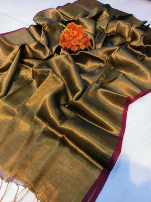 GHOSH TEXTILE Solid/Plain Handloom Cotton Linen Saree(Black)