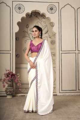 PremVastra Solid/Plain Bollywood Chiffon Saree(White)