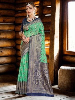 ANOUK Woven Mysore Linen Saree(Green)
