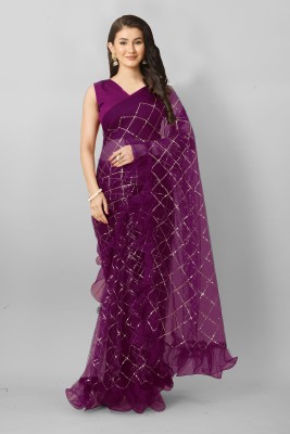 DEVS CREATION Embroidered Bollywood Supernet Saree(Purple)