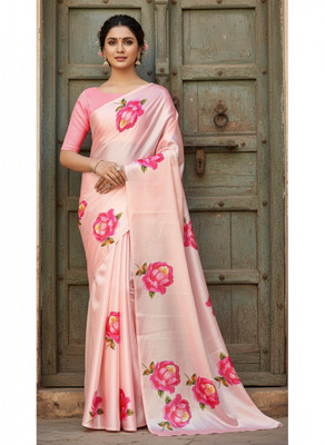 Fabian Fashion Floral Print Bollywood Satin Saree(Pink)