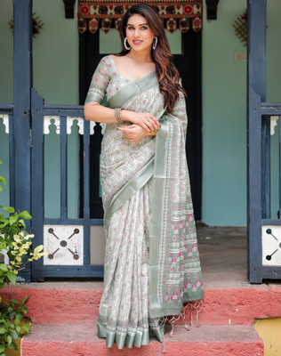 Tasrika Floral Print Bollywood Linen Saree(Green, White)