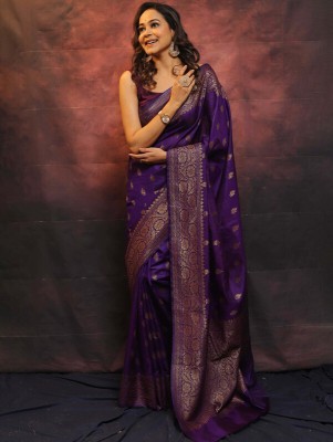 AIREVO Printed Banarasi Pure Silk Saree(Purple)