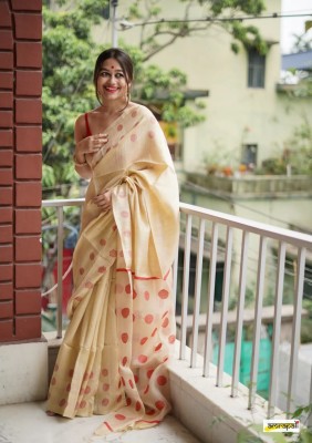 GajGajra Self Design, Embellished, Woven Kasavu Pure Cotton Saree(Beige, Red)