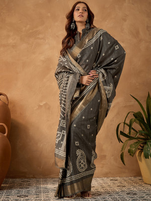 Sareemall Printed Hand Batik Silk Blend Saree(Grey)