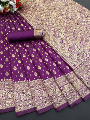 SARETRA MALL Striped Leheria Pure Silk Saree(Purple)