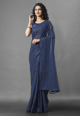 Nytra creation Embellished Banarasi Georgette Saree(Blue)