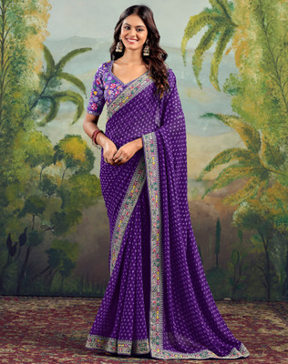 Tasrika Embellished, Embroidered, Printed Bandhani Georgette, Lace Saree(Purple)