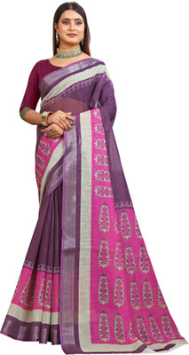 HouseOfCommon Printed Kanjivaram Pure Cotton, Cotton Linen Saree(Pink)