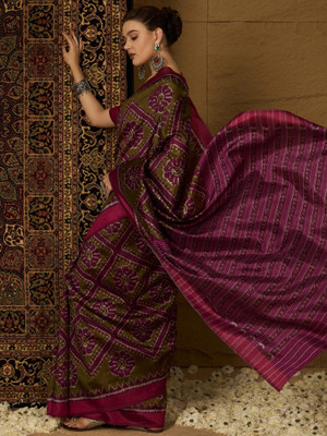 Sareemall Printed Ikkat Silk Blend Saree(Light Green)