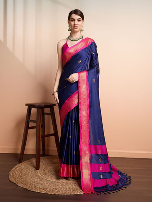 ARMEIDA Woven, Self Design, Embellished Banarasi Cotton Silk, Jacquard Saree(Dark Blue, Pink, Gold)