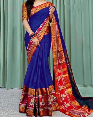 SuperLaxmi Woven, Temple Border Narayanpet Cotton Silk Saree(Blue)
