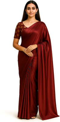 LOKAVANYA Solid/Plain Bollywood Satin Saree(Maroon)