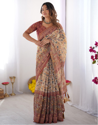 Satrani Floral Print, Woven, Embellished Kalamkari Linen Saree(Pink)