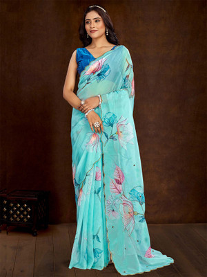 Tasrika Printed Bollywood Organza Saree(Light Blue)