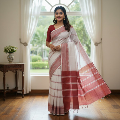 Ss sarees Striped, Woven Banarasi Cotton Silk Saree(White)