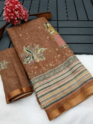 Saaransh Floral Print Kanjivaram Linen, Cotton Silk Saree(Brown)