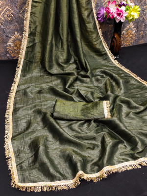 THE URBAN DIVA Solid/Plain Bollywood Pure Silk Saree(Dark Green, Gold)